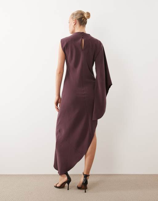 ASOS DESIGN - Vestito lungo monospalla accollato marrone con fondo asimmetrico, 4 di 4