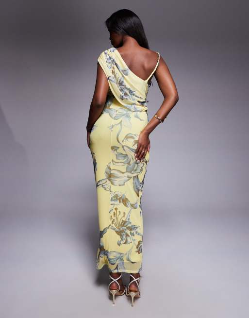ASOS DESIGN - Vestito lungo monospalla arricciato in rete stampata gialla a fiori, 3 di 4