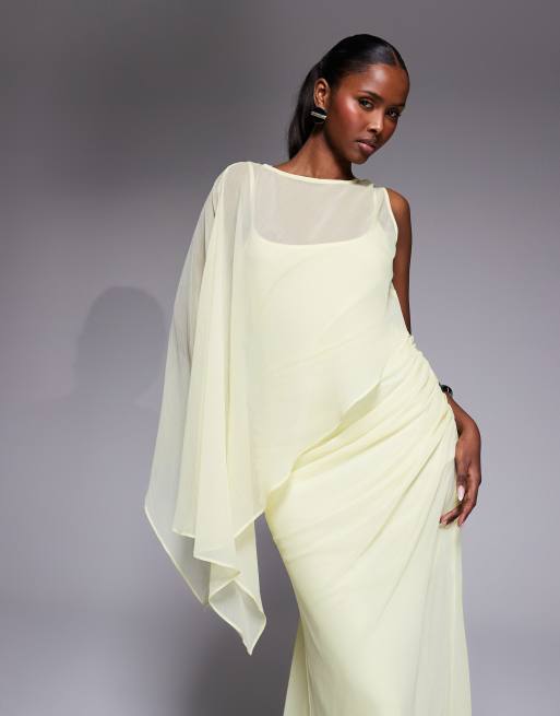 ASOS DESIGN - Vestito lungo monospalla asimmetrico con maniche a pipistrello e drappeggio color latticello, 4 di 4