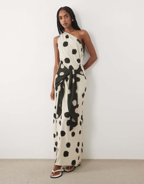 ASOS DESIGN - Vestito lungo monospalla beige a pois - view 1