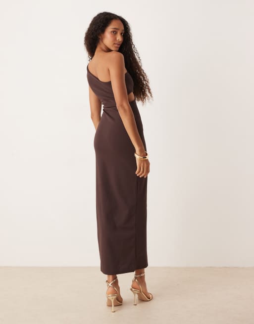 ASOS DESIGN - Vestito lungo monospalla color cioccolato con cut-out e finitura martellata, 4 di 4