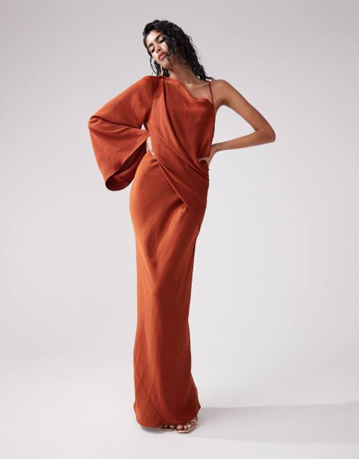 ASOS DESIGN - Vestito lungo monospalla color ruggine con corpino drappeggiato