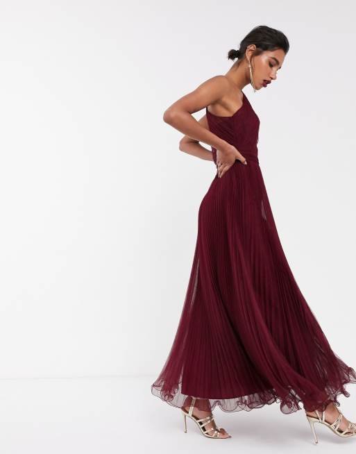 ASOS DESIGN Vestito lungo monospalla con fondo con filo metallico in tulle bordeaux