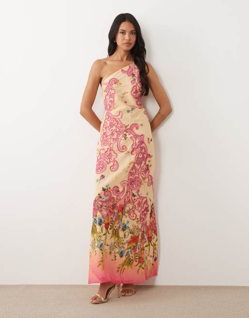 ASOS DESIGN - Vestito lungo monospalla con taglio sbieco e stampa cutwork a fiori