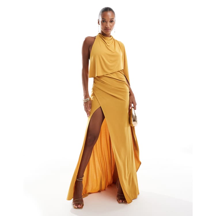 ASOS DESIGN Vestito lungo monospalla da cerimonia color ocra con strascico e mantella ASOS