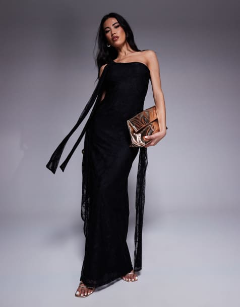 ASOS DESIGN - Vestito lungo monospalla in pizzo nero con dettaglio annodato sulla gonna - view 1