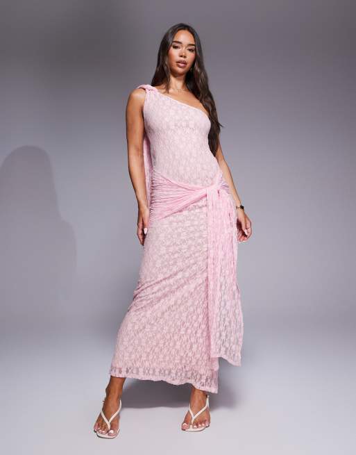 ASOS DESIGN - Vestito lungo monospalla in pizzo rosa con dettaglio annodato sulla gonna
