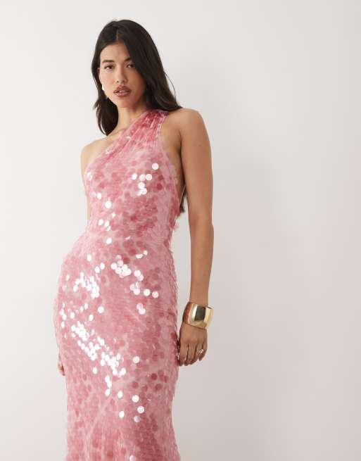 ASOS DESIGN - Vestito lungo monospalla in raso rosa, 2 di 4