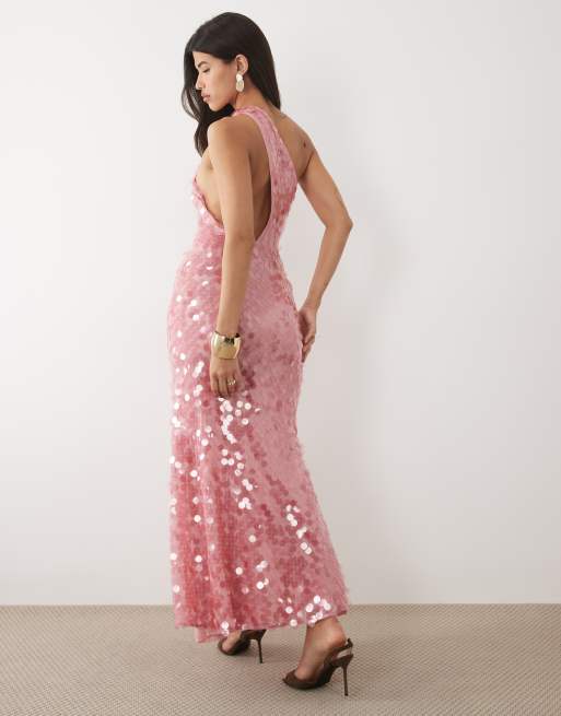 ASOS DESIGN - Vestito lungo monospalla in raso rosa, 3 di 4