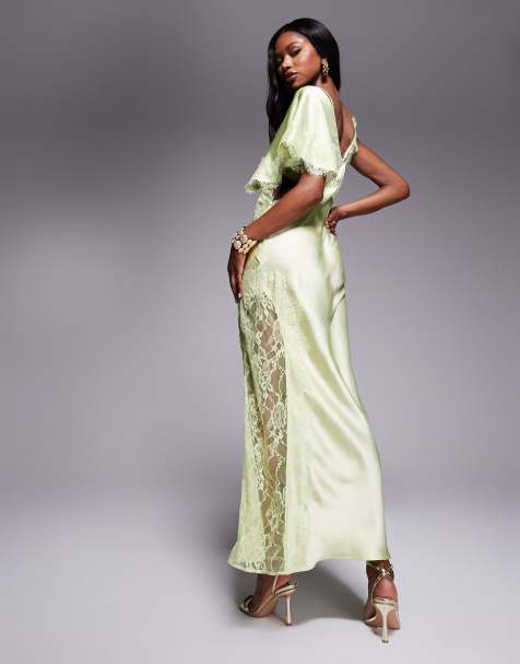 ASOS DESIGN - Vestito lungo monospalla in raso verde salvia con finiture in pizzo - view 1