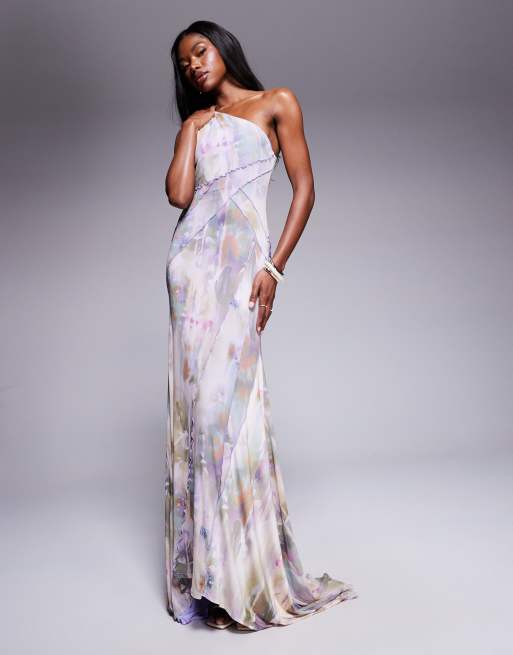 ASOS DESIGN - Vestito lungo monospalla in tessuto a rete lilla con cuciture a vista, gonna a ruota e stampa a fiori sfumata