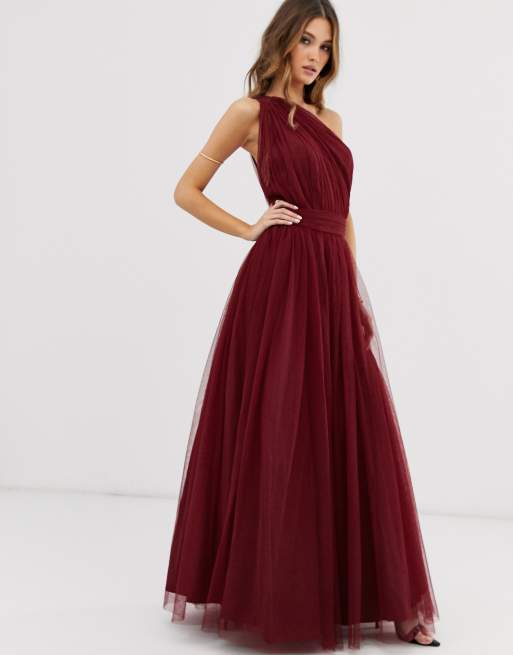 ASOS DESIGN - Vestito lungo monospalla in tulle bordeaux, 4 di 4