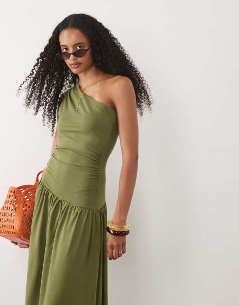ASOS DESIGN - Vestito lungo monospalla kaki con vita scesa e arricciature - view 1