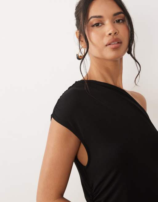 ASOS DESIGN - Vestito lungo monospalla nero con arricciatura laterale, 3 di 4