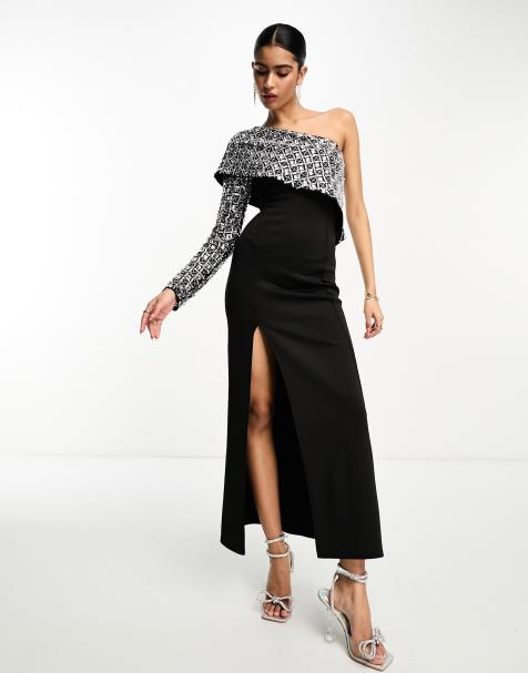 ASOS DESIGN - Vestito lungo monospalla nero con decorazione in paillettes argentate - view 1