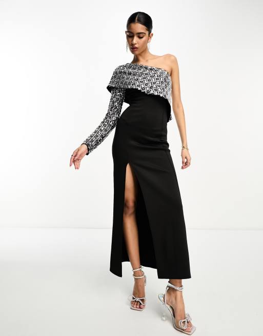 ASOS DESIGN - Vestito lungo monospalla nero con decorazione in paillettes  argentate