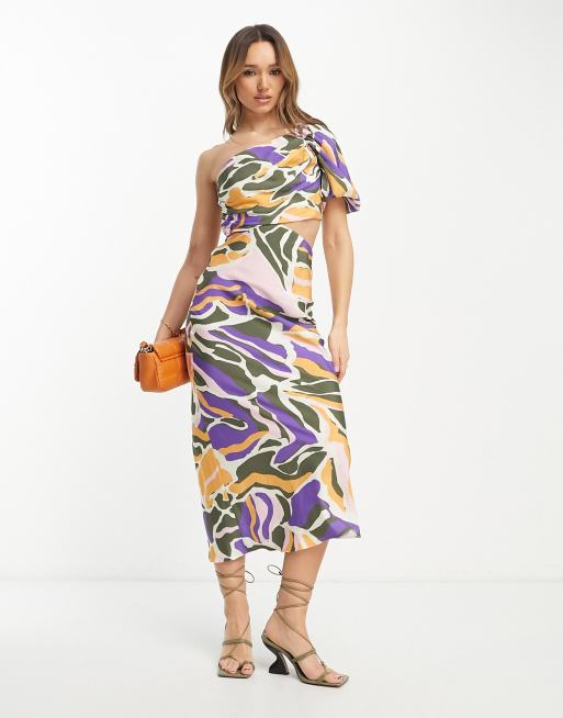 ASOS DESIGN - Vestito lungo monospalla slavato con cut-out laterale in vita e stampa astratta