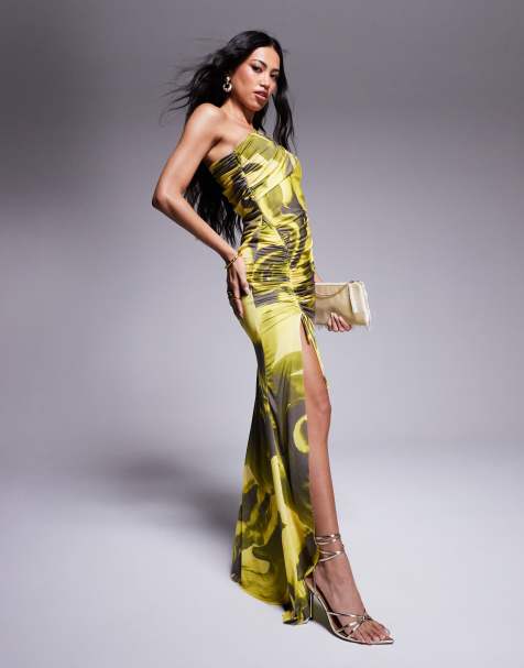 ASOS DESIGN - Vestito lungo monospalla verde lime con stampa a fiori e coulisse - view 1