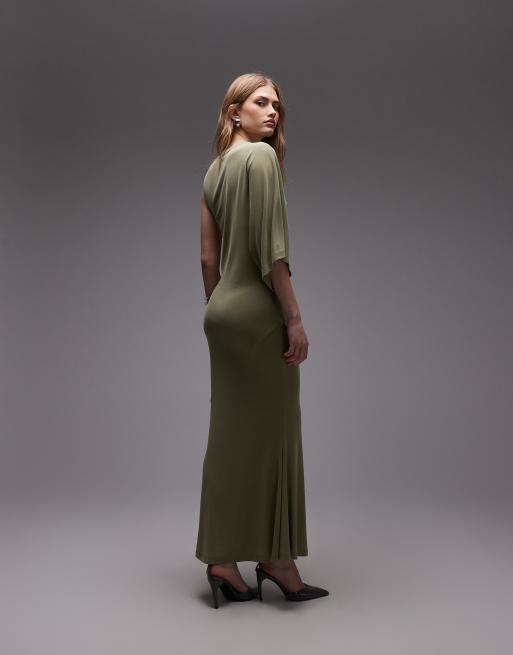 ASOS DESIGN - Vestito lungo monospalla verde salvia con fondo a sirena, 4 di 4