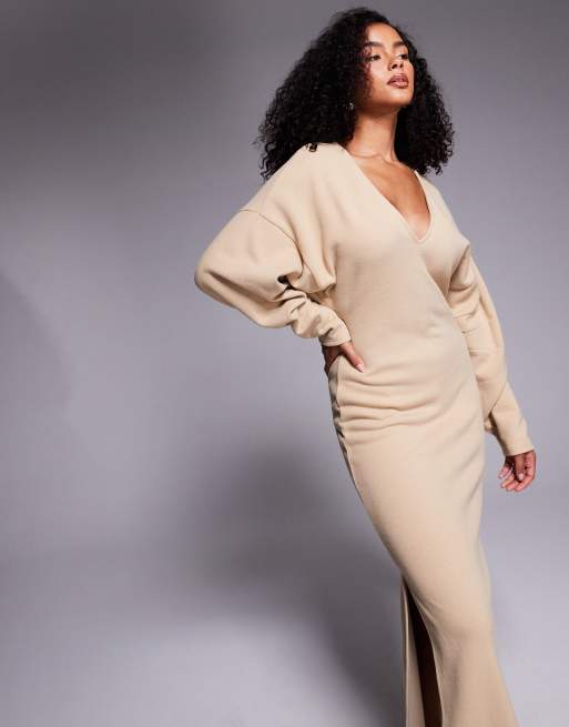 ASOS DESIGN - Vestito lungo morbidissimo extra largo color pietra con scollo a V, 2 di 4