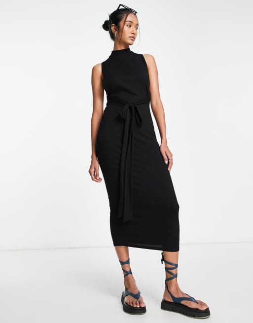 ASOS DESIGN - Vestito lungo nero a coste allacciato in vita 