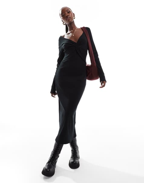 ASOS DESIGN - Vestito lungo nero a coste attorcigliato sul davanti - view 1