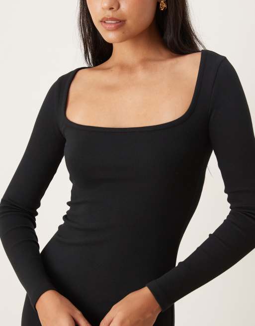 ASOS DESIGN - Vestito lungo nero a coste con scollo squadrato, 4 di 4