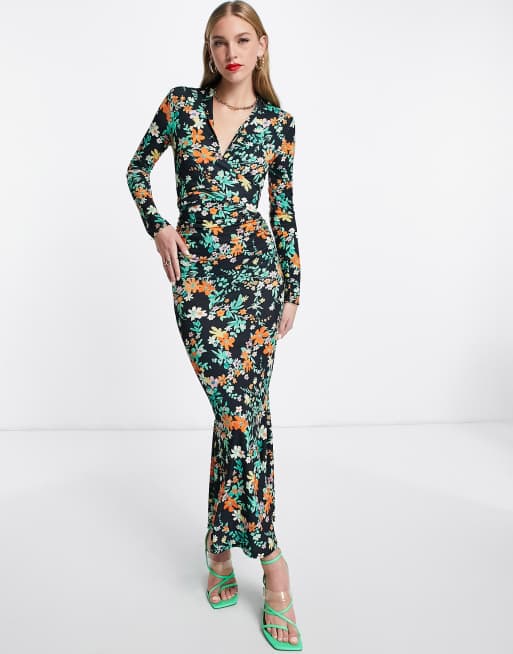 ASOS DESIGN - Vestito lungo nero a fiori con maniche lunghe, scollo profondo e laccetti