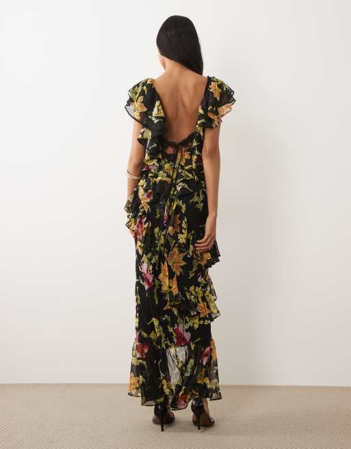 ASOS DESIGN - Vestito lungo nero a fiori con volant e finiture in pizzo, 4 di 4