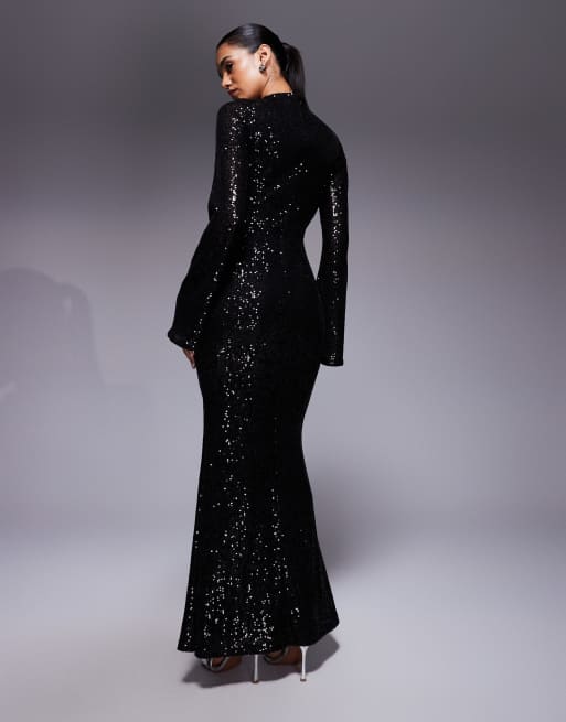 ASOS DESIGN - Vestito lungo nero a maniche lunghe con design a portafoglio sul davanti e paillettes, 2 di 4