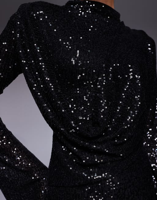 ASOS DESIGN - Vestito lungo nero a maniche lunghe con design a portafoglio sul davanti e paillettes, 3 di 4