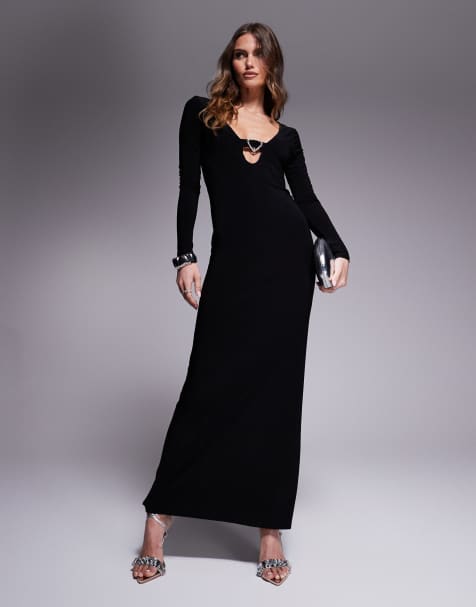 ASOS DESIGN - Vestito lungo nero a maniche lunghe con finitura a cuore e apertura a goccia - view 1