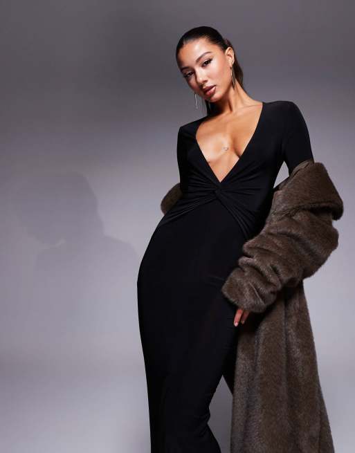 ASOS DESIGN - Vestito lungo nero a maniche lunghe con scollo profondo e incrocio sul davanti, 2 di 4