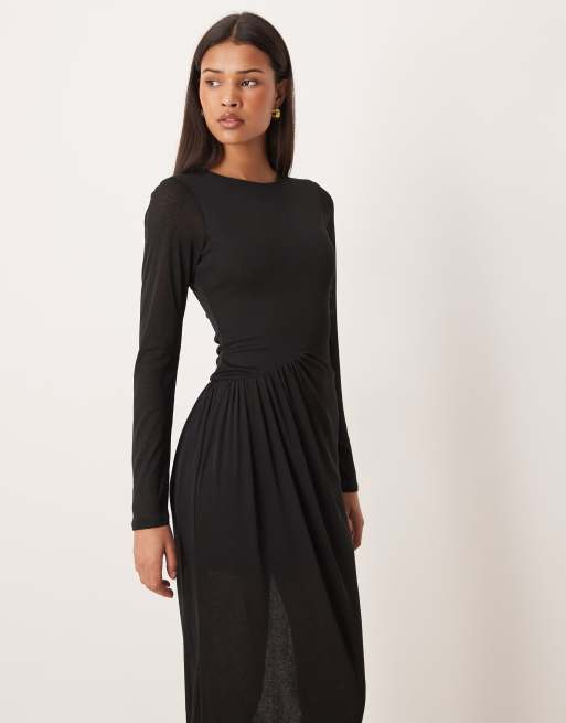 ASOS DESIGN - Vestito lungo nero a maniche lunghe con vita scesa e gonna drappeggiata, 2 di 4