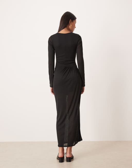 ASOS DESIGN - Vestito lungo nero a maniche lunghe con vita scesa e gonna drappeggiata, 4 di 4