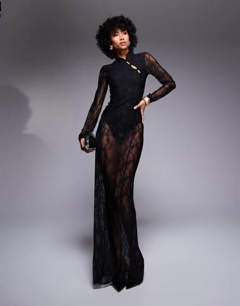 ASOS DESIGN - Vestito lungo nero a maniche lunghe in pizzo trasparente con body incorporato e colletto - view 1