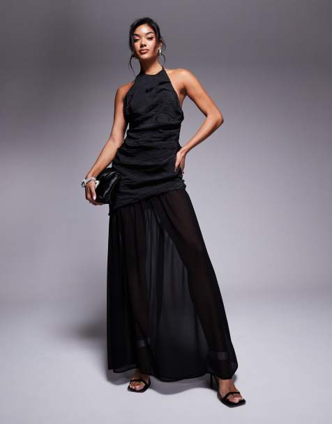 ASOS DESIGN - Vestito lungo nero allacciato al collo arricciato con gonna in chiffon - view 1