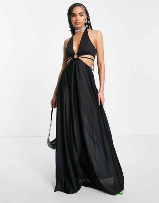 ASOS DESIGN - Vestito lungo nero allacciato al collo con dettaglio ad anello