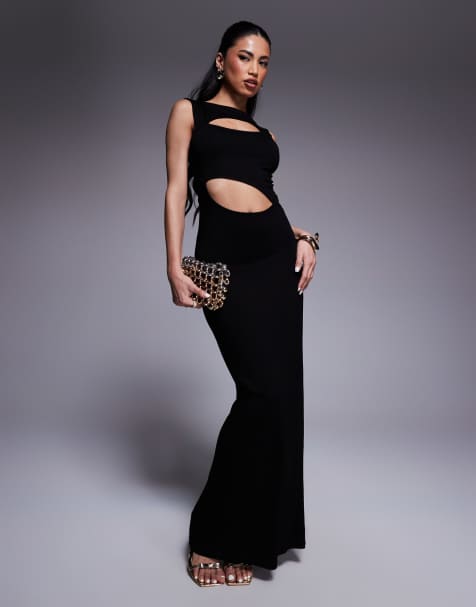 ASOS DESIGN - Vestito lungo nero con cut-out e scollo a barchetta - view 1