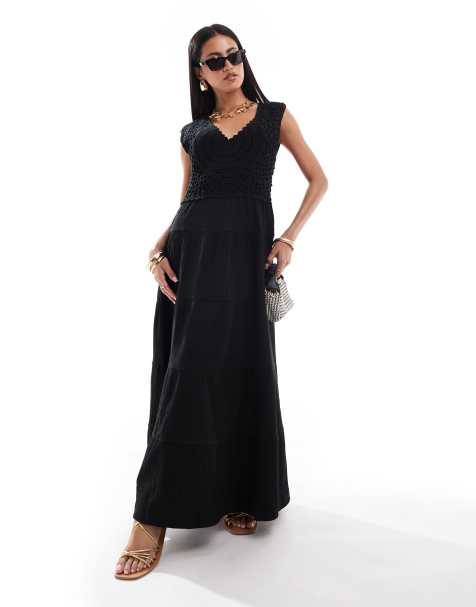 ASOS DESIGN - Vestito lungo nero con gonna a balze e corpino all'uncinetto - view 1