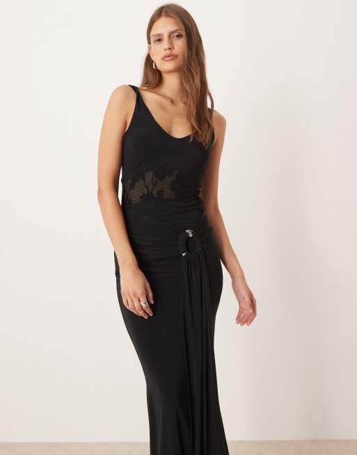 ASOS DESIGN - Vestito lungo nero con inserto in pizzo, scollo rotondo e dettaglio drappeggiato, 2 di 4