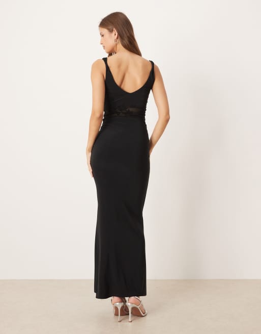 ASOS DESIGN - Vestito lungo nero con inserto in pizzo, scollo rotondo e dettaglio drappeggiato, 4 di 4