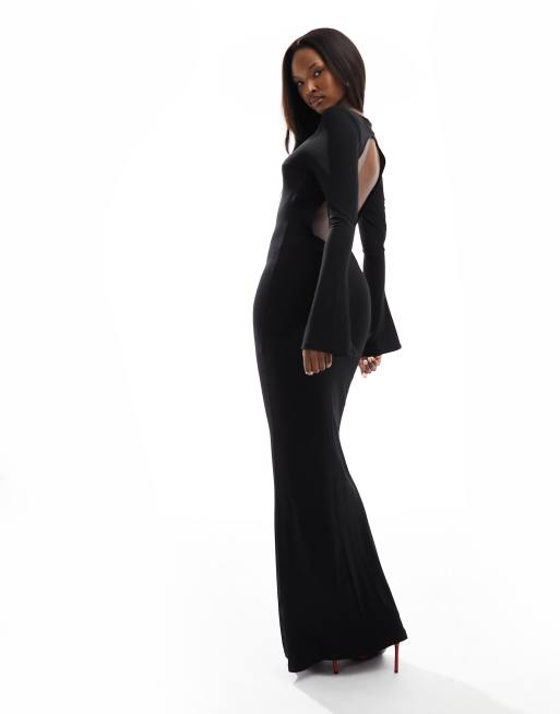 ASOS DESIGN - Vestito lungo nero con maniche svasate e schiena scoperta, 4 di 4