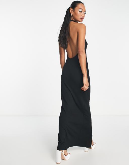 ASOS DESIGN - Vestito lungo nero con nodo e scollo super profondo, 3 di 4