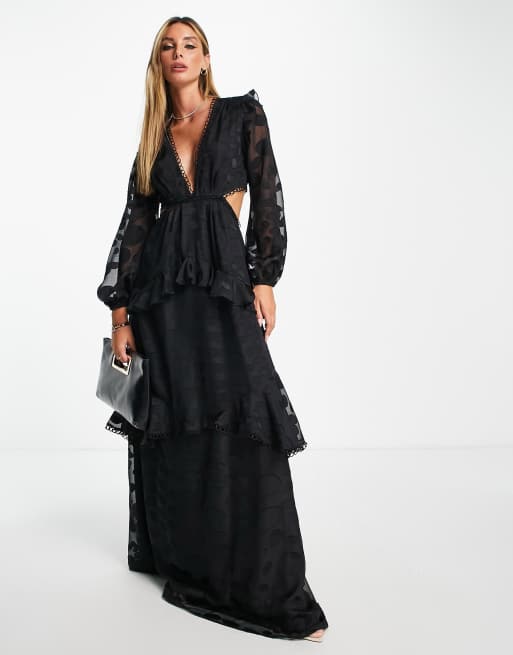 ASOS DESIGN - Vestito lungo nero con pois distorti e finiture circolari