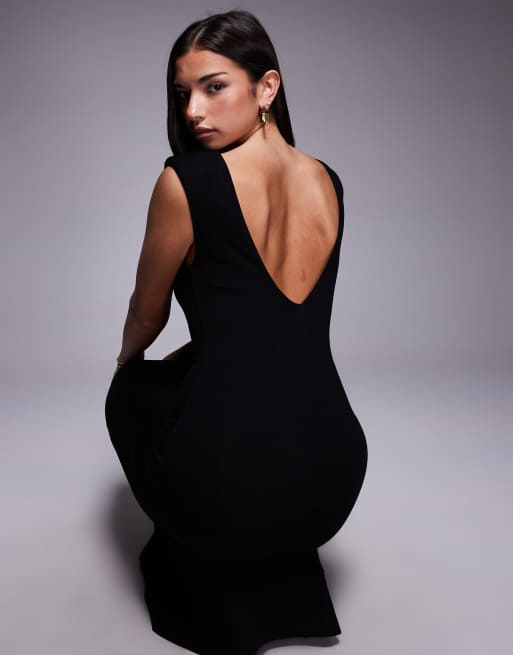ASOS DESIGN - Vestito lungo nero con scollo a barchetta, spalline imbottite e scollo profondo sul retro, 4 di 4