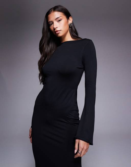 ASOS DESIGN - Vestito lungo nero con scollo dritto e maniche svasate, 2 di 4