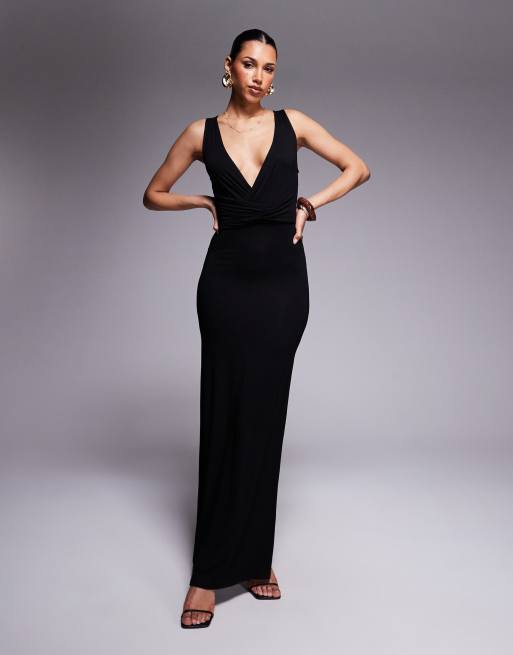 ASOS DESIGN - Vestito lungo nero con scollo profondo e dettaglio incrociato in vita