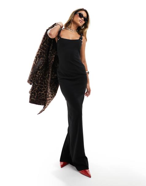 ASOS DESIGN - Vestito lungo nero con spalline imbottite e scollo squadrato - view 1