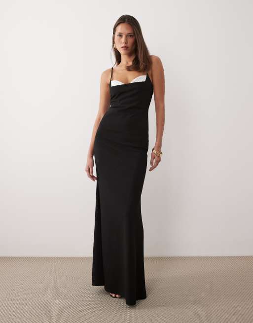 ASOS DESIGN - Vestito lungo nero con spalline sottili e dettaglio a pois sul busto